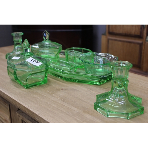 107 - GREEN GLASS DRESSING TABLE SET