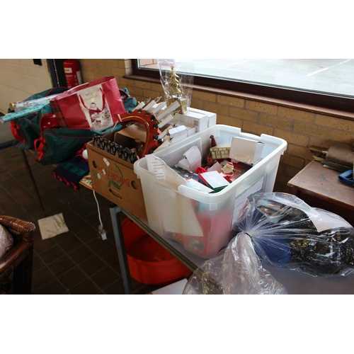 1 - 2 BOXES OF CHRISTMAS DECS & 2 BAGS OF WRAPPING  PAPER