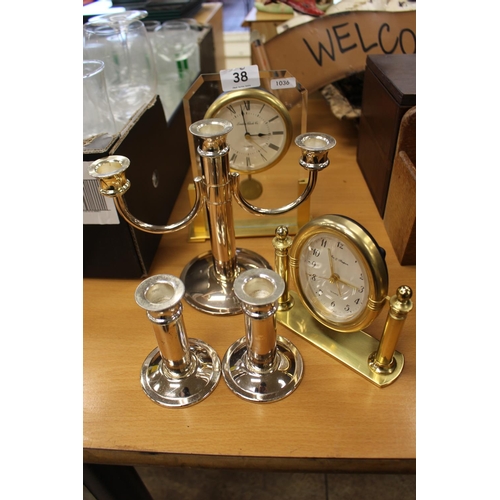 38 - 2X BRASS MANTLE CLOCKS & 3 CANDLE STICKS