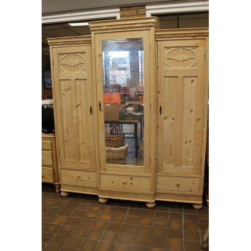 73 - ART DECO PINE BREAKFRONT TRIPLE ROSE WARDROBE