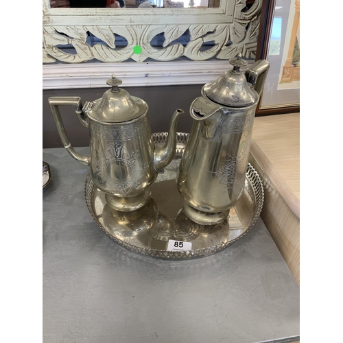 85 - 2 SILVER PLATED COFFEE POTS AND TRAY