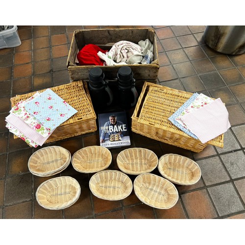 58 - CRATE TEA TOWELS, LGE SELECTION BASKETS, 2 x THERMOS FLASKS, & COOK BOOK