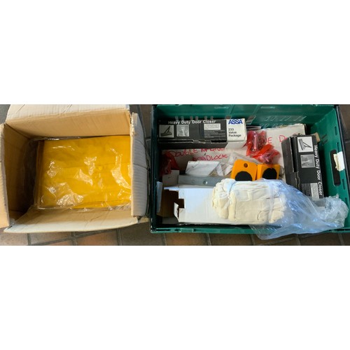 16 - S CRATE - NEW WATERPROOFS, GLOVES, DOOR CLOSERS, HOME TROLLEYS, ETC