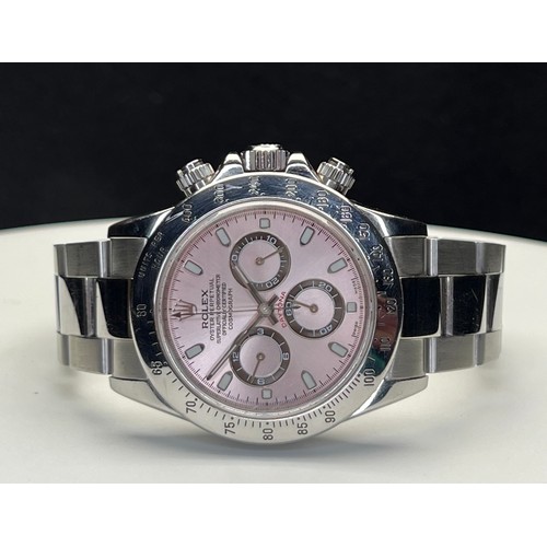 284 - ROLEX OYSTER PERPETUAL COSMOGRAPH DAYTONA AUTOMATIC SS WATCH WITH ROSE CHRONOGRAPGH DIAL (NON ROLEX)... 