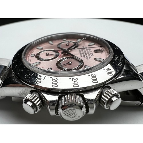 284 - ROLEX OYSTER PERPETUAL COSMOGRAPH DAYTONA AUTOMATIC SS WATCH WITH ROSE CHRONOGRAPGH DIAL (NON ROLEX)... 