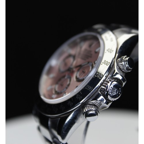 284 - ROLEX OYSTER PERPETUAL COSMOGRAPH DAYTONA AUTOMATIC SS WATCH WITH ROSE CHRONOGRAPGH DIAL (NON ROLEX)... 