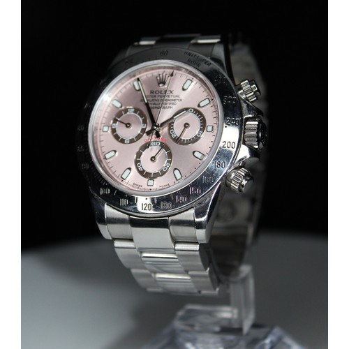 284 - ROLEX OYSTER PERPETUAL COSMOGRAPH DAYTONA AUTOMATIC SS WATCH WITH ROSE CHRONOGRAPGH DIAL (NON ROLEX)... 