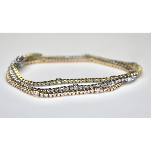 281 - ROUND BRILLIANT CUT DIAMOND TRIPLE ROW TENNIS STYLE BRACELET ESTIMATED TOTAL 6.17 CARATS 18CT YELLOW... 