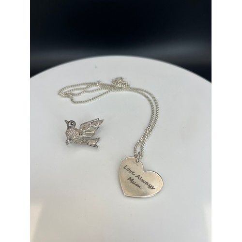 226 - SILVER 925 NECKLACE WITH 'LOVE ALWAYS MUM' & A BROOCH STAMPED STERLING