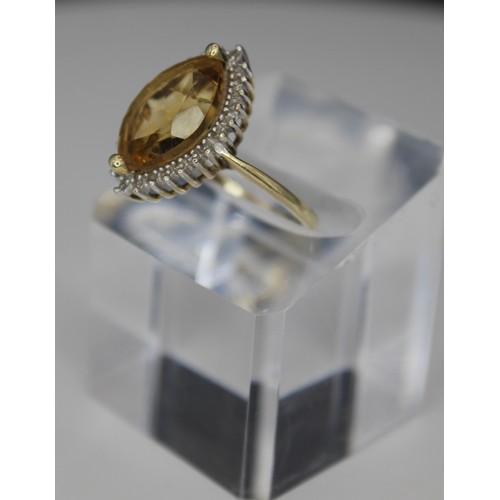 256 - 9ct Solid Gold & Large Marquise Citrine Ring With Diamond Halo PAM/4