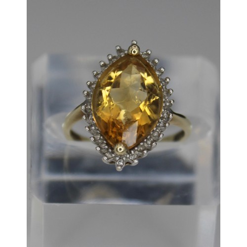 256 - 9ct Solid Gold & Large Marquise Citrine Ring With Diamond Halo PAM/4