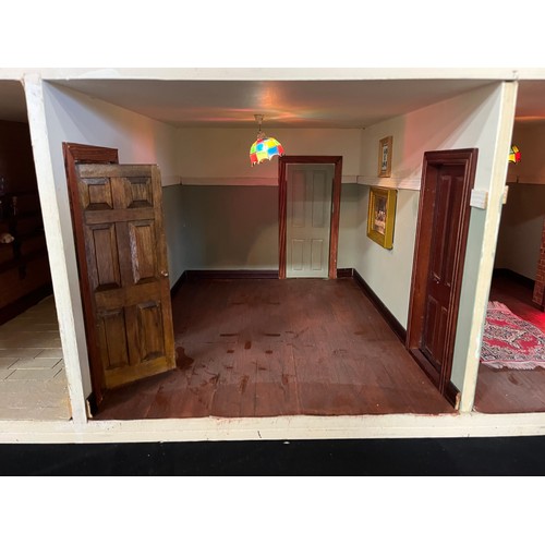 138 - VICTORIAN DOLLS HOUSE, 3 FLOORS & BASEMENT INCLUDING FIGURES.