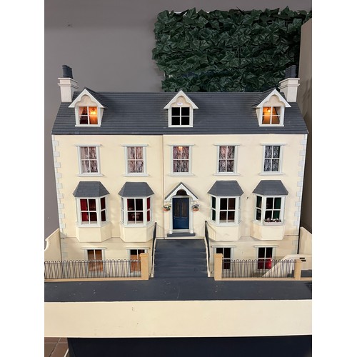 138 - VICTORIAN DOLLS HOUSE, 3 FLOORS & BASEMENT INCLUDING FIGURES.