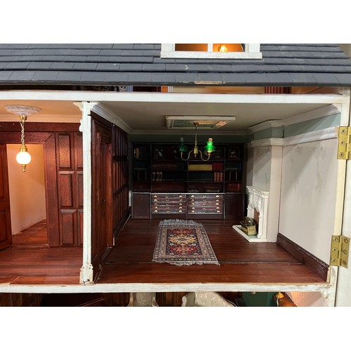 138 - VICTORIAN DOLLS HOUSE, 3 FLOORS & BASEMENT INCLUDING FIGURES.