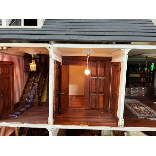 138 - VICTORIAN DOLLS HOUSE, 3 FLOORS & BASEMENT INCLUDING FIGURES.