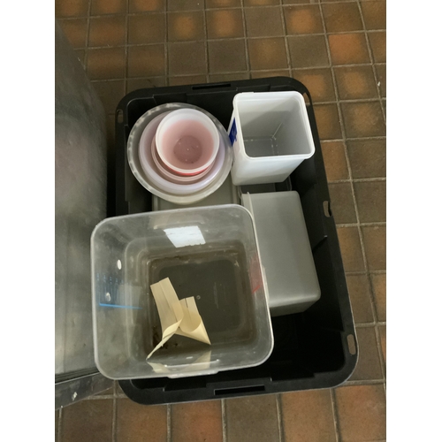 74 - 5 SUNDRY BOXES INCLUDING APRONS, STRAWS, PLASTIC BOTTLES,PLASTIC CONTAINERS