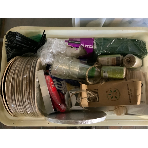 74 - 5 SUNDRY BOXES INCLUDING APRONS, STRAWS, PLASTIC BOTTLES,PLASTIC CONTAINERS