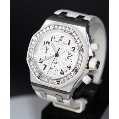 158 - AUDEMARS PIQUET ROYAL OAK OFFSHORE WRISTWATCH WITH DIAMOND SET BEZEL Set with 32 round brilliant cut... 