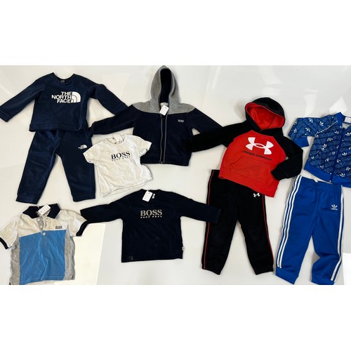 28 - HUGO BOSS HOODY AGE 4, 3 X HUGO BOSS T SHIRTS - AGE 9M, 18M, 2, 1 X NORTH FACE TRACK SUIT AGE 18 - 2... 