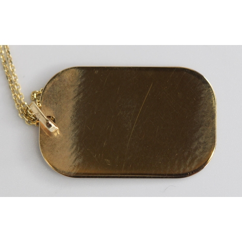 112 - 9CT GOLD CHAIN + ENGRAVED RECTANGULAR DOG TAG PENDANT 1.90g (TO OUR SON LOVE MUM AND DAD XX) ENGRAVE... 