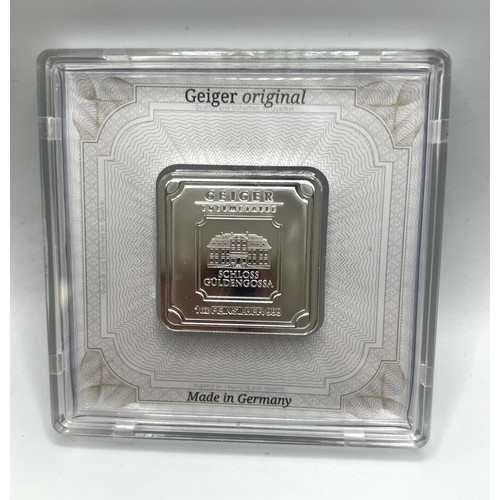 101 - 1oz AG 999 GEIGER EDELMETALLE 99 SILVER SQUARE BAR IN CASE RRP £75