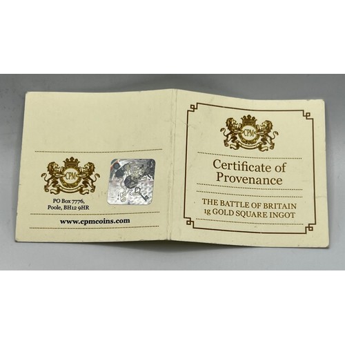 110 - LTD. EDITION BATTLE OF BRITAIN INGOT-1g OF PURE GOLD W CERTIFICATE RRP £59