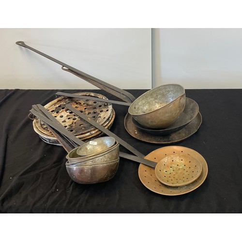 54 - SELECTION OF METAL LADELS, 2 SIEVES,PIZZA OVER PLATES