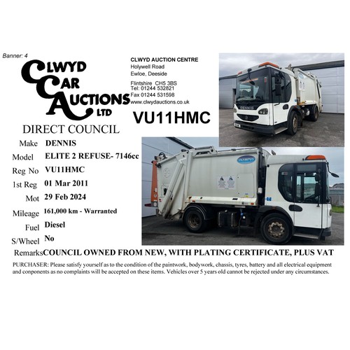 172 - DIRECT COUNCIL - 2011 DENNIS ELITE 2 REFUSE TRUCK - DIESEL - AUTO - REG NO 'VU11HMC' MOT 29.02.2024 ... 