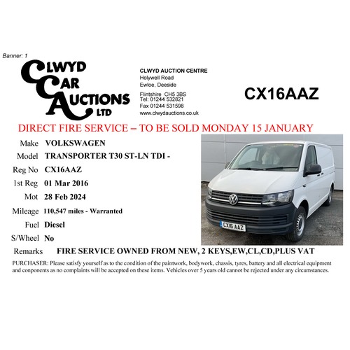 188 - 2016 VW TRANSPORTER T30 TDI VAN - REG NO 'CX16AAZ' FIRE SERVICE OWNED FROM NEW.110,547 MILES. MOT 28... 