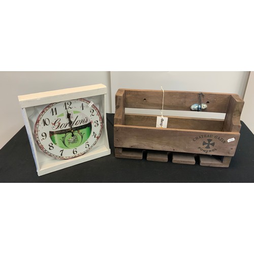 61 - WOODEN KITCHEN STORAGE RACK WITH GORDONS GIN WALL CLOCK