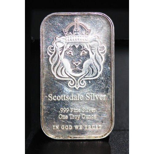 113 - SCOTTSDALE .999 FINE SILVER ONE TROY BAR  AS NEW RRP £32 (REF ERE/07B)