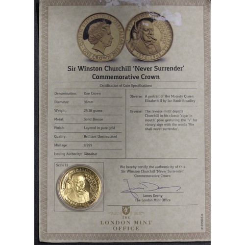 109 - 2015 SOLID BRONZE ONE CROWN - SIR WINSTON CHURCHILL ' NEVER SURRENDER' COIN WITH COA AS NEW RRP 19.9... 