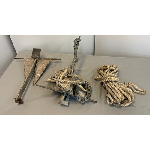 28 - 2 X METAL BOAT ANCHORS WITH CHAINS & ROPE