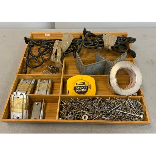 25 - BOX OF WALL BRACKETS / HINGES / NAILS & LONG TAPE