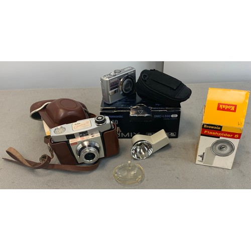 103 - PANASONIC LUMIX DMC L560 DIGITAL CAMERA IN CASE & KODAK COLOURSNAP 35 BROWNIE MODEL 2 IN LEATHER... 