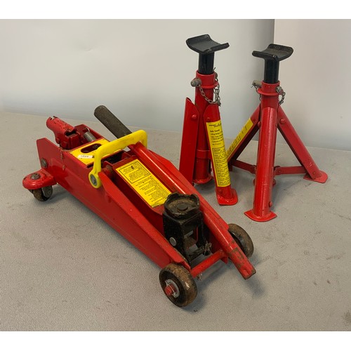 49 - CAR TROLLEY JACK & PAIR OF AXLE STANDS