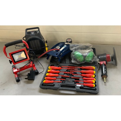 104 - QTY LIGHTS / TOOLS / EAR MUFFS & CAR PUMP