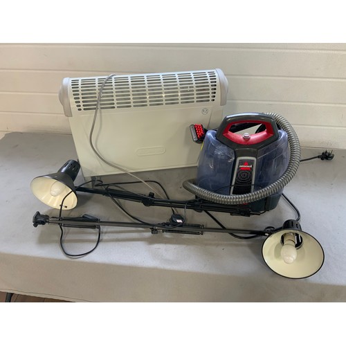 6 - DELONGI ELEC HEATER & BISSELL PRO HEAT STEAM CLEANER & 2 ADJUSTABLE LIGHTS WITHOUT BASES