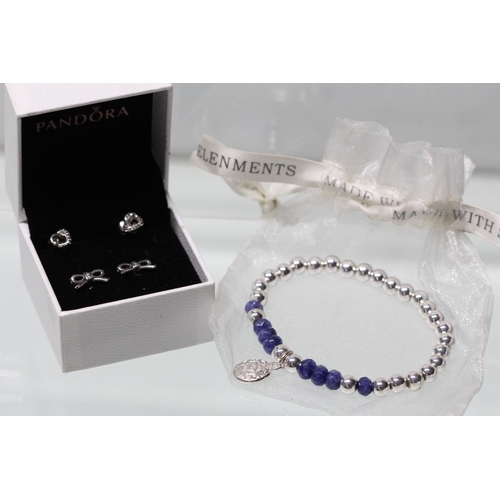 217 - PANDORA KNOT EARINGS RRP £44 & PANDORA BOW EARING RRP £45 IN BOX & SILVER COLOURED BEAD BRAC... 