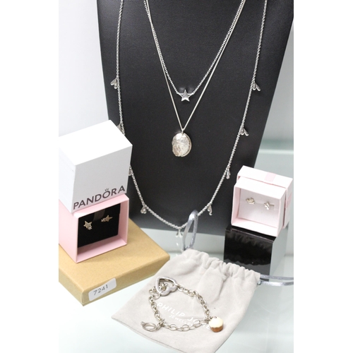 144 - PANDORA STAR EARINGS IN BOX RRP £35, SILVER BIRD EARINGS £12, 925 SILVER SHELL PENDANT & NECKLAC... 