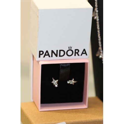 144 - PANDORA STAR EARINGS IN BOX RRP £35, SILVER BIRD EARINGS £12, 925 SILVER SHELL PENDANT & NECKLAC... 