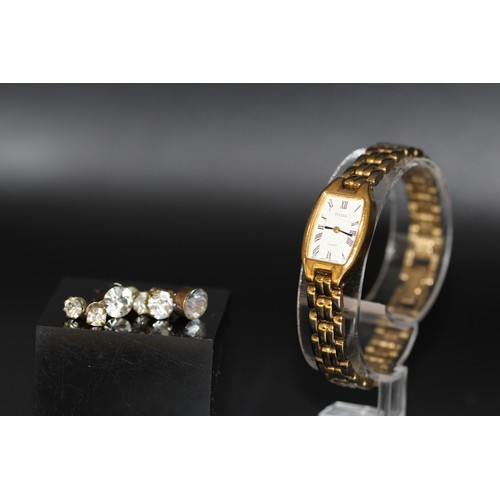 219 - 4 X NAVY RAYMOND WEIL BOXES, 5 X DRESS EARINGS, LADIES VINTAGE PULSAR WATCH & A SELECTION OF RAY... 