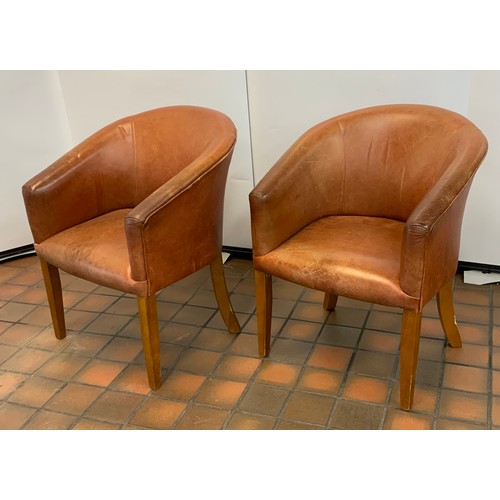 74 - 2 X VINTAGE LEATHER TUB CHAIRS (SMALL TEAR OF BACK OF ONE CHAIR)