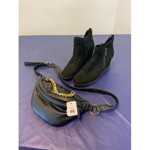 3 - M&S SUEDE WEDGE BOOTS SIZE 6 & PRIMARK BLACK BUM BAG ( P22194207 P17129830 /C )