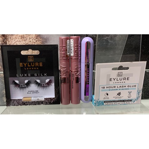 110 - MAYBELINE SKY HIGH MASCARA BLACK & BROWN,EYLURE LONDON LUXE SILK LASHES & 18 HOUR LASH CLUE ... 