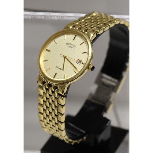 193 - ROTARY PRESTIGE CHELTENHAM 3 MICRONS ELECTRO GOLD PLATED DATE DISPLAY WATCH- MODEL 4577 ( P23066167 ... 