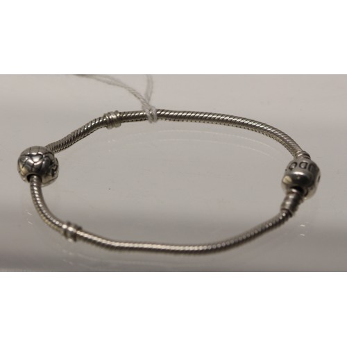 187 - SILVER PANDORA BRACELET WITH GLOBE PENDANT - COST WHEN NEW £98 ( P23065592 / C )