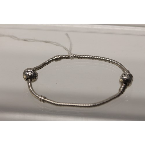 187 - SILVER PANDORA BRACELET WITH GLOBE PENDANT - COST WHEN NEW £98 ( P23065592 / C )