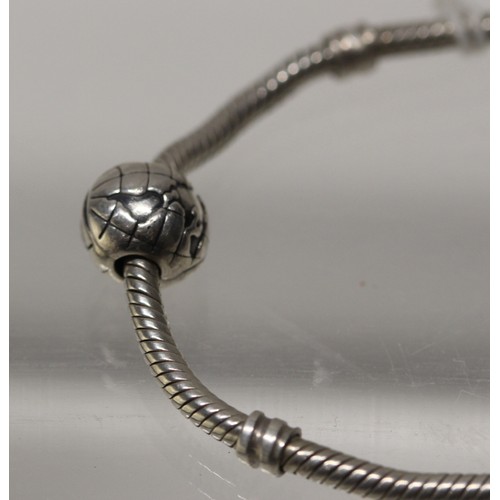 187 - SILVER PANDORA BRACELET WITH GLOBE PENDANT - COST WHEN NEW £98 ( P23065592 / C )