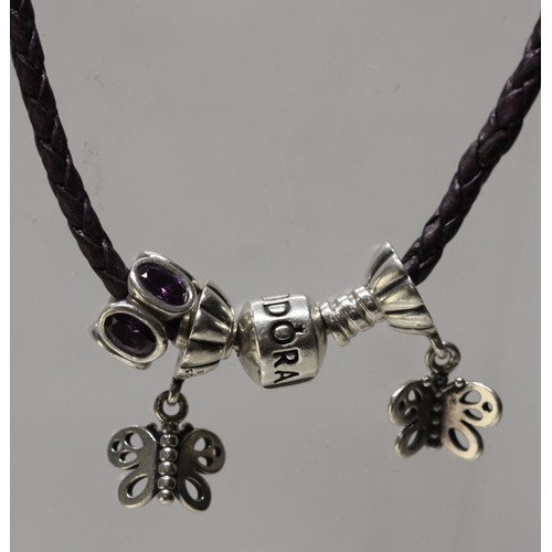 186 - PANDORA DOUBLE LEATHER BRACELET RRP £60 & BUTTERFLY CHARMS RRP £19, AMESTYST CHARM RRP £30 - TOT... 